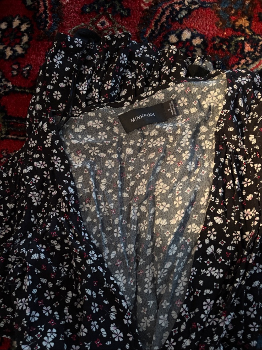 MINKPINK Black Floral Midi Dress with White and Red Accents